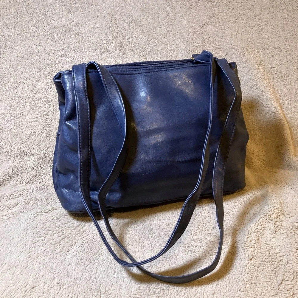 Collection‎ Shoulder Hand Bag Blue Vinyl Purse Gold Hardware Multi Large Pockets